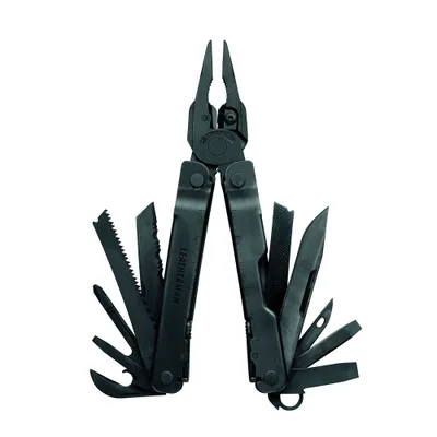 A black Leatherman Super Tool 300 multi-tool is displayed against a white background with various tools extended.
