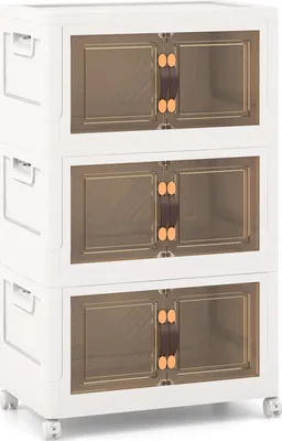 A white, three-tiered storage cabinet with transparent doors and brown handles, shown against a white background.