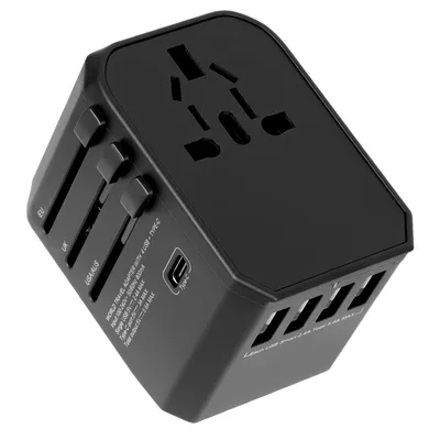 Produktbild von Universal Reiseadapter Weltweit (5,6A), 6-in-1 Internationaler Steckdosenadapter (1 AC, 4 USB-A, 1 USB-C), Reisestecker für USA UK EU AUS Stecker
