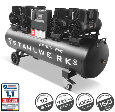 Produktbild von STAHLWERK Kompressor 150 L Tank (ST-1510 Pro) – ölfrei, 10 bar, Silent-Druckluftkompressor mit Brushless-Motoren, 7,89 PS, 5,80 kW, 1000 l/min