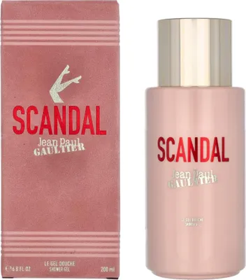 A product shot of Jean Paul Gaultier Scandal shower gel and its packaging.