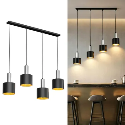 Productafbeelding van VA-Cerulean 4-lichts hanglamp, vintage design, mat zwart, 150 cm hoogte verstelbaar, warm wit licht, inclusief lampen, geschikt voor eetkamer, keuken en woonkamer