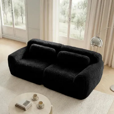 Produktbild von MODFU Zweisitzer Ecksofa,Modulares Sofa mit Geschwungene,ohhne Ottoman,Relaxsofa mit Rutschfester Boden & Kissen,Plüschstoff,Schwarz
