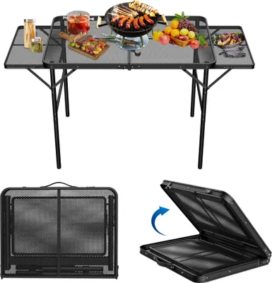 Produktbild von UISEBRT 90x60cm Skladací kempingový stôl, výškovo nastaviteľný bočný stôl s kovovou mriežkou a rukoväťou na prenášanie, rozkladací až do rozmerov 134x60 cm