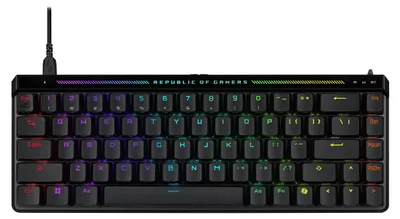 A black mechanical keyboard with RGB lighting.