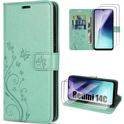 Image de Coque + 2 Verres Trempés pour Xiaomi Redmi 14C, Protection Antichoc Synthécuir Motif Papillon Fleur Vert