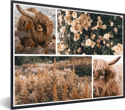 Produktbild von MuchoWow® Gerahmtes Poster Scottish Highlander - Blumen - Pflanzen 40x30 cm - Poster mit Schwarzem Bilderrahmen Wandposter Rahmen Foto Bilder - Kunstposter - Wanddekorationen