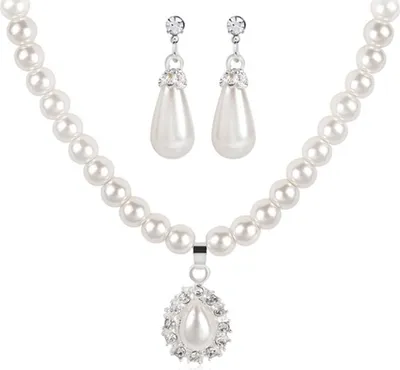 Produktbild von Wassertropfen Kunstperlen Strass Braut Halskette Ohrringe Schmuckset