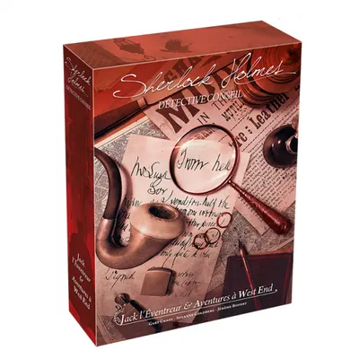 A box for a Sherlock Holmes board game, featuring thematic imagery like a pipe, magnifying glass, and newspaper clippings.