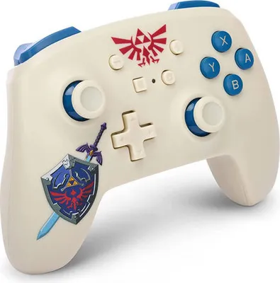 A white Nintendo Switch controller with blue accents and The Legend of Zelda-themed decals.