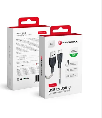 Immagine prodotto di FORCELL Cavo di ricarica in carbonio da USB a tipo C QC3.0 3A CB-02B per la ricarica e il trasferimento di dati nero 1 metro