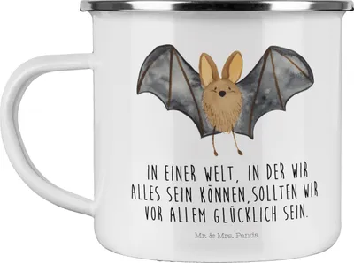 Produktbild von Mr. & Mrs. Panda Emaille Tasse Fledermaus Flügel - Weiß - Geschenk, Lustige Sprüche, Teetasse, Kaffeepott, Pott, Campingtasse, Reisebecher, Becher