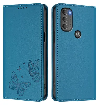 Image de Étui en cuir pour Motorola Moto G71 5G, motif papillon, étui à rabat avec porte-appareil, bleu