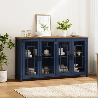 Immagine prodotto di Mobiletto contenitore okwish con ante in vetro e ampio spazio di archiviazione, pensile da cucina con aspetto legno e sistema di sicurezza anticaduta, mobiletto portaoggetti color blu