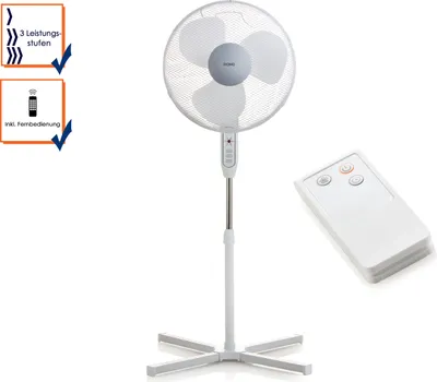 A white stand fan and its remote control are shown against a white background. There are informational overlays on the left side of the image.