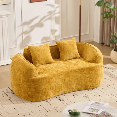 Obrázek produktu pro okwish Dvoumístná Rozkládací postel/Relaxační křeslo s područkami, L-postel s pěnovým polstrováním, Loungesofa s 2 polštáři, bez montáže, Žlutá
