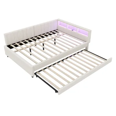 Produktbild von Flieks Polsterbett Schlafsofa 140x200cm mit Ausziehbett & LED, Tagesbett Jugendbett mit USB&Typ C, Doppelbett mit Staufach, Leinen, Beige