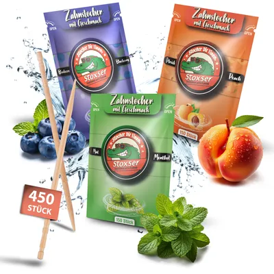 Produktbild von Stoxser 450x Zahnstocher mit Geschmack 3er Pack Blaubeere und Pfirsich und Mint / Menthol Geschmacksrevolution Zahnstocher Geschmack Kein Kaugummi