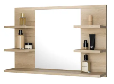 A vanity mirror with shelves and various cosmetic products displayed on the shelves.