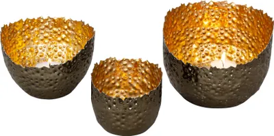 Produktbild von 3er Set Teelichthalter Windlicht in moderner Form schwarz/Gold aus Metall H 8+10+12cm D 9,5+13+16cm