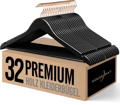 A stack of black wooden hangers with rose gold hooks, presented on top of their cardboard packaging, with promotional text and a logo visible.