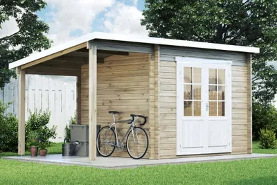 Produktbild von Alpholz Gartenhaus Maria mit Schleppdach aus Holz 450 x 272 cm mit 28 mm Wandstärke und Imprägnierung Pinie