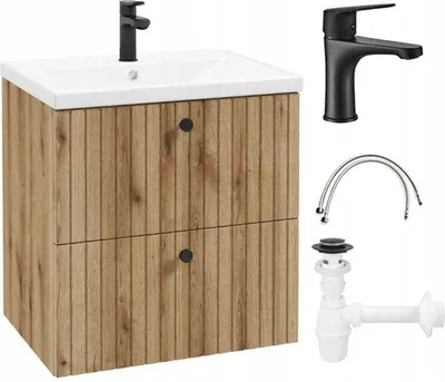Obrázok produktu pre Kúpeľňová skrinka s umývadlom 60x85 cm dub evoke, lamela, čierna kúpeľňová batéria a sifón Lily