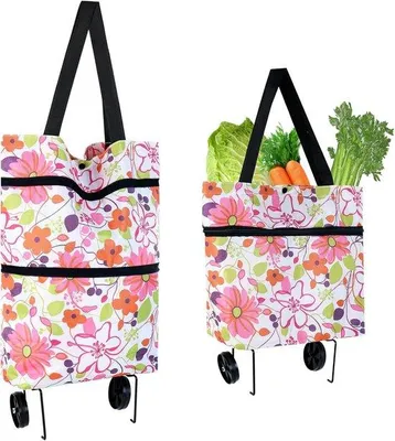 Produktbild von Handgefertigte Reise-Tasche mit Rädern - 2-in-1 Reise-Koffer - Rosa Blumen-Design - Praktischer Reise-Koffer für Einkaufen, Reisen, Camping