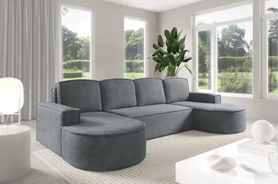 Obrázek produktu pro Rohová sedací souprava GUTTO Molly ve tvaru U se zaobleným tvarem v krémově béžové šedé barvě světle velur - trendy zaoblený tvar!(s funkcí spania)