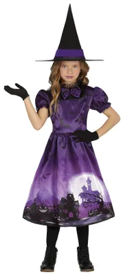 Hexenkostüm für Mädchen, lila, mit Hut, Gr. 5-6 Jahre