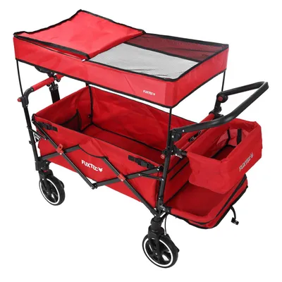 Produktbild von Fuxtec Bollerwagen Premium FX-CT850 Rot, aufgebaut 124,5 x 56 x 105 cm, 2 Sitzplätze, 75 kg Traglast, 15 kg Eigengewicht, Familien- & Transportwagen, Sonnendach mit UV-Schutz LSF17, gefederte Räder, Feststellbremse, Schiebegriff, Teleskop-Zugstange, einklappbare Hecktasche, Innenraumverlängerung, abnehmbarer waschbarer Stoffbezug, zusammenklappbar, freistehend, kippsicher