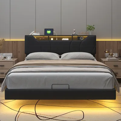 Obrázek produktu pro UnboxG Čalouněná postel 140x200 cm s USB a zásuvkami, hydraulická postel s úložným prostorem, úložné dvoulůžko s úložným čelem a LED/typ C,Polyuretanšedá