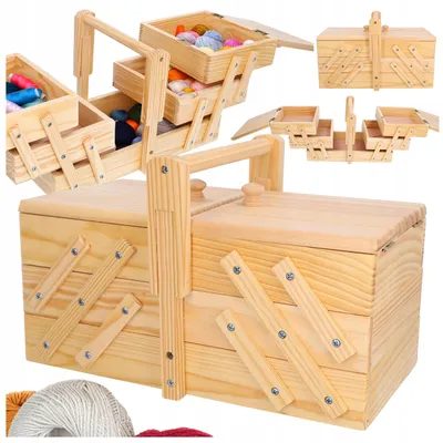 Produktbild von Aufklappbarer Holz-Garnkasten mit Fächern für Nähutensilien