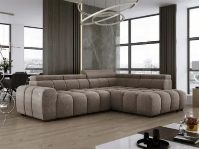 Obrázok produktu pre DomoHome Voľne stojaca rohová pohovka Ombo 297x137cm, tvar L, ŠEDÁ s funkciou spania 125x193cm, pohovka s nastaviteľným operadlom, textúrovaná látka Eden, nastaviteľná opierka hlavy