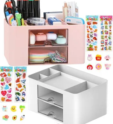 Produktbild von 2er Schreibtisch-Organizer mit Ladefläche, Schreibtisch-Organizer für Stifte, Schreibtischzubehör mit 5 Fächern, multifunktioneller Schreibtisch-Organizer für Schule, Büro, zu Hause (weiß + rosa)