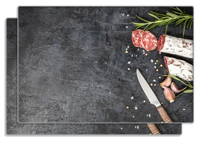 Produktbild von Wallario Frühstücksbrettchen 2er Set aus Glas, je 20 x 30 cm, mit rutschfesten Füßen, Motiv Salami, Rosmarin und Knoblauch