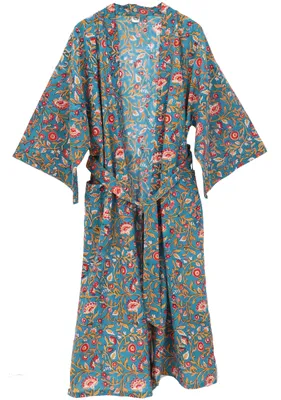 Produktbild von Kimono im Japan Style, Handbedruckter Oversize Baumwoll Kimono Mantel, Kimonokleid - Petrol, Damen, Baumwolle, Größe: S/M