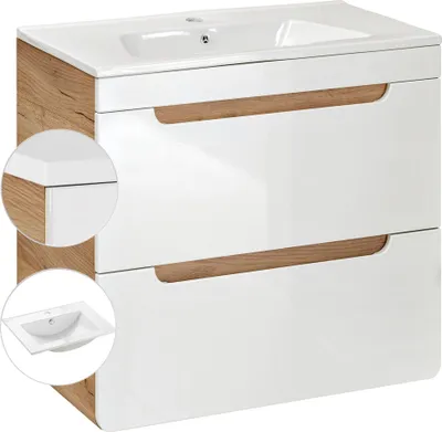 Produktbild von Waschtischunterschrank mit 61 cm Keramikbecken LUTON-56, Hochglanz weiß mit Wotan Eiche Nb., B/H/T ca. 61/60,8/46 cm