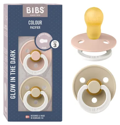 Obrázok produktu pre Dudlík BIBS Colour Glow 2-pack, bez BPA. Svieti v tme, cumlík v tvare čerešne. Prírodný kaučuk/latex, vyrobené v Dánsku. 18+ mesiacov (balenie po 2 ks), Blush NIGHT/Vanilla NIGHT Blush NIGHT/Vanilla NIGHT veľkosť 3 (balenie po 2 ks)