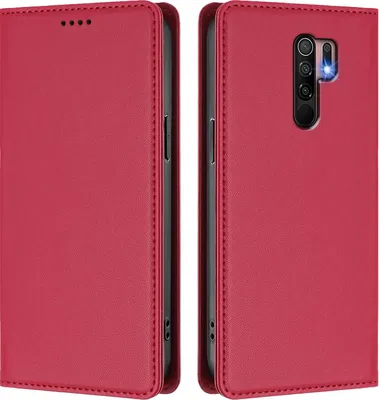 Produktbild von Handyhülle für Xiaomi Redmi 9, Kunstleder Klapphülle Stoßfeste Magnetische Hülle mit Ständer Rot