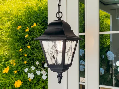 Produktbild von LED Outdoor Hängelampe, Landhausstil Ketten-Laterne mit Bleiglas für Terrasse