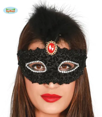 Produktbild von Venezianische Maske in schwarz mit schwarzen Federn