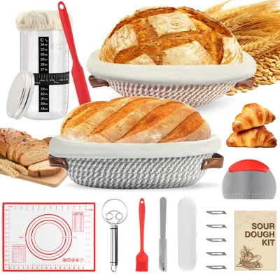 Produktbild von 21-teiliges Gärkörbchen Set, Sauerteig-Starter-Set mit 2 Gärkörben, Gärglas und Backzubehör