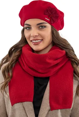 Produktbild von Vivisence damen baskenmütze eleganter wintermütze und schal set warm kopfbedeckung und halsbedeckung an winter und herbst warm dick, winterset für frauen, hergestellt in der eu, rot, einheitsgröße