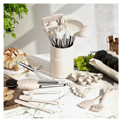 Produktbild von Küchenhelfer Set, 26-teiliges Silikon Kochutensilien Set, Hitzebeständiges Kochgeschirr mit Utensilienhalter, Antihaft Kochset mit Edelstahlgriff, Spülmaschinenfest - Khaki