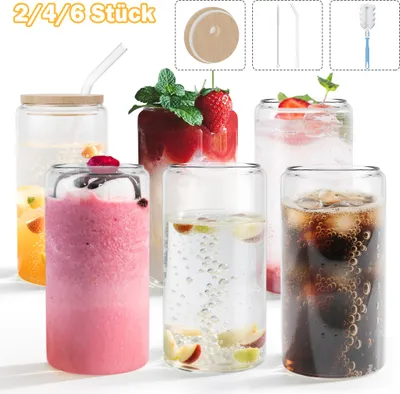 Image de XMTECH 6 verres 500 ml avec couvercle & paille - Verres à cocktail, à bière & à boire pour cappuccino, café glacé, limonade - Cadeau pour anniversaire & Noël