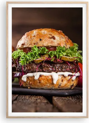 Produktbild von Gerahmtes Poster - Rahmen in heller Eiche - Amerikaner Hamburger Essen Barbecue - 70x100 cm - Wand Bild - Wanddeko - Wandbilder - Wandposter - Bilderrahmen - Bilder - Kunstdruck - P2NPA70x100-2869