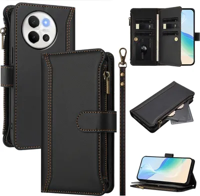 Obrázek produktu pro Pouzdro pro Vivo V40 Lite/V30E, zipem, peněženkovéPolyuretankožené flip pouzdro s kapsami na karty, stojánkem a poutkem na ruku černý