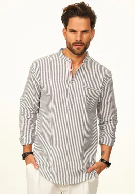 Produktbild von behype. Herren Langarmhemd Gestreift im Regular-Fit mit Henley-Stehkragen Herren Sommerhemd als Freizeithemd