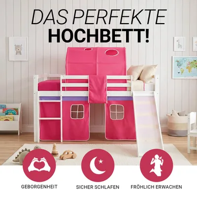 Produktbild von Homestyle4u Hochbett 90x200 Kinder mit Rutsche mit Lattenrost mit Matratze  Standard 100 Vorhang Tunnel Rosa Pink Mädchen Rausfallschutz